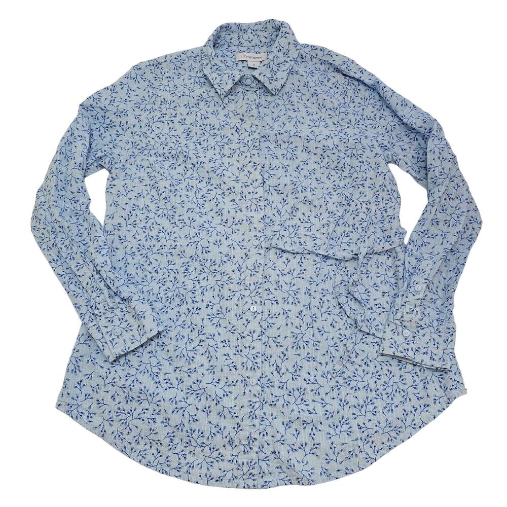 Liz Claiborne Womens Size M Blue Faux Wrap Button Up Blouse Micro Prairie Floral